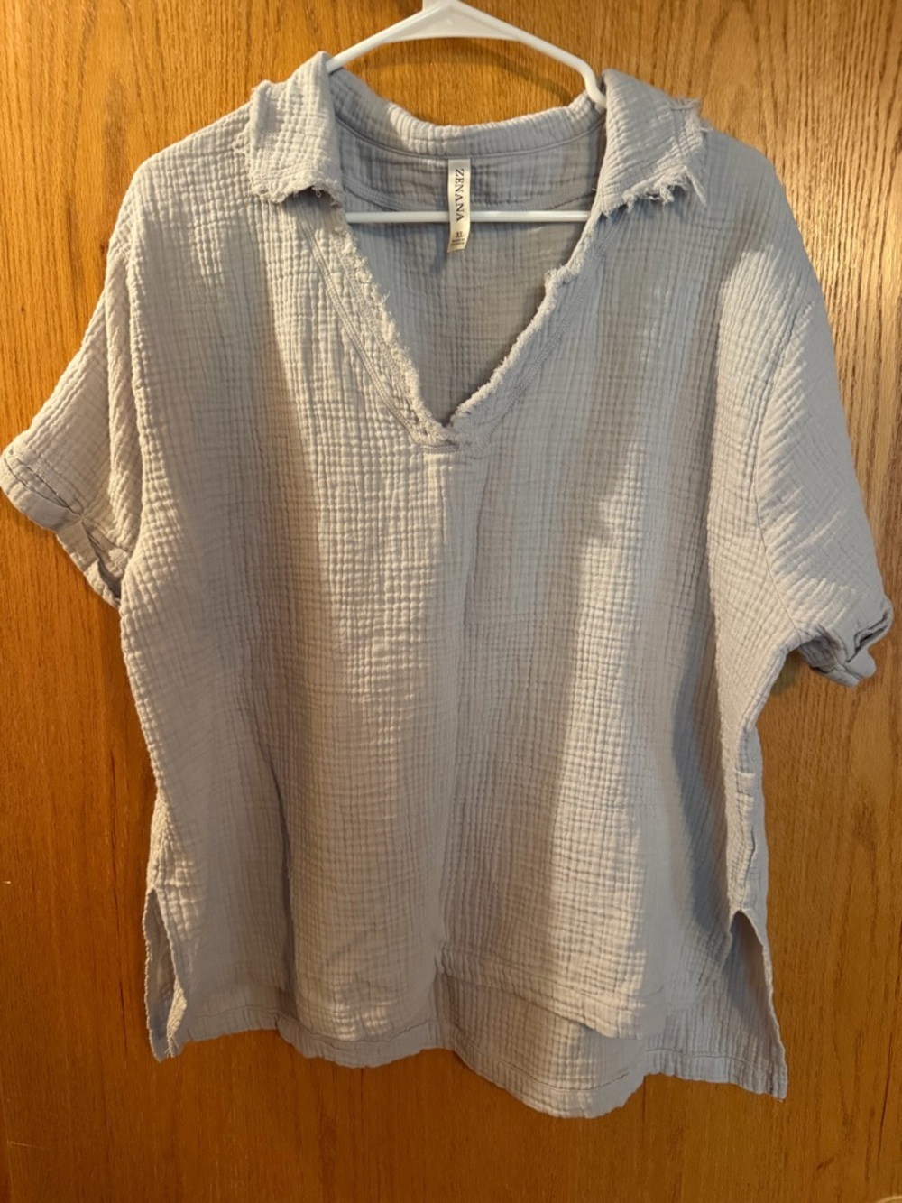 Zenana Outfitters Light Gray Frayed V-Neck Gauze Tunic